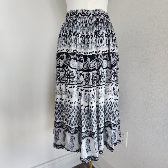Vintage 90s Black White Paisley Print Tiered Boho Prairie Midi Skirt L - Picture 8 of 9